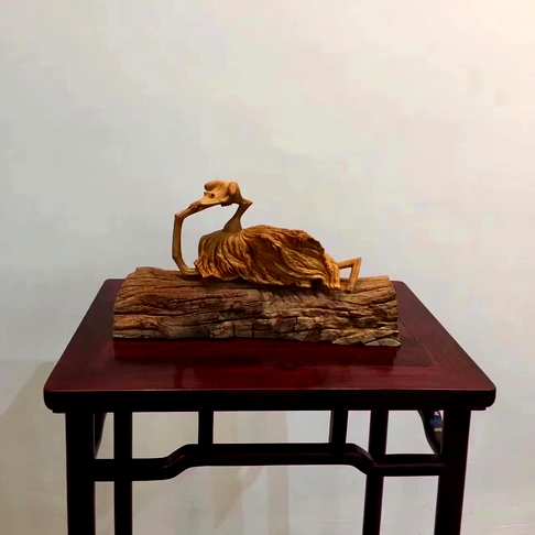 大师作品一木一器老黄杨木纯手工打造荷趣送底座底座是红檀风化料作品