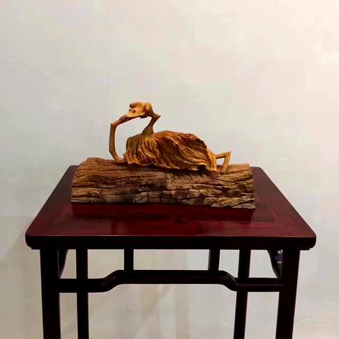 大师作品一木一器老黄杨木纯手工打造荷趣送底座底座是红檀风化料作品