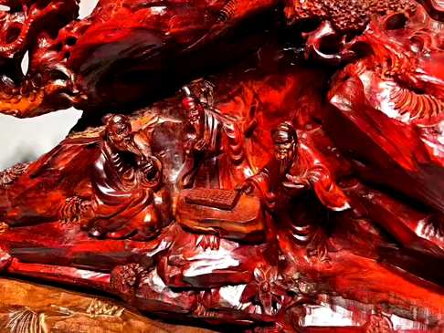 印度小叶紫檀三老对弈鸡血红高密油雕工精致造型栩栩如生规格长46
