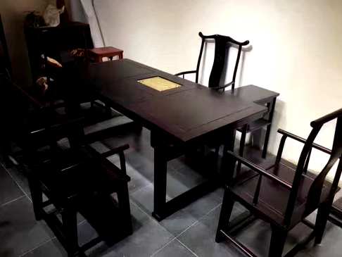 赞比亚血檀茶桌7件套桌子宽度90公分长200公分超大尺寸配5把官帽椅