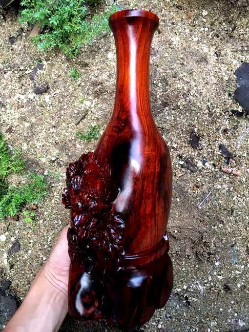 老挝大红酸枝牡丹花瓶寓意富贵瓶平安精雕纹理绚丽长12cm宽1