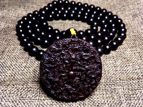 印度小叶紫檀长款九龙戏珠1.2*108颗老料自然氧化包浆黑珍珠品质