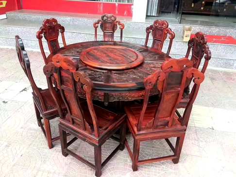 大红酸枝清式花鸟圆餐桌！规格 ：桌子138.80椅子46.